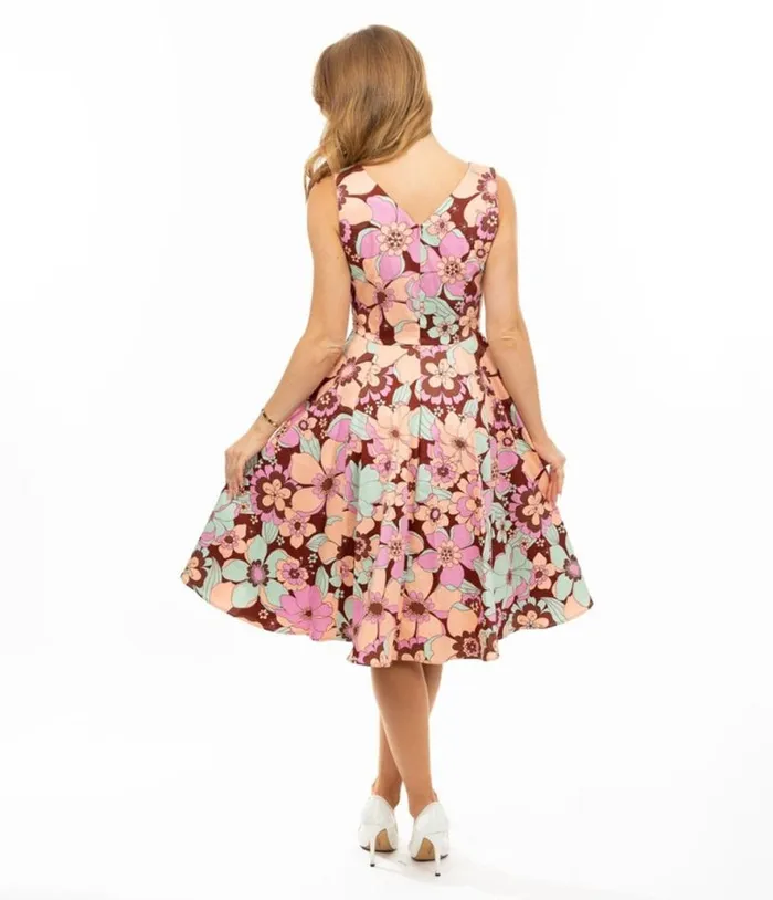 Burgundy and Pastel Florals Swing Dress DressesPlus Unique Vintage Pocket Dresses