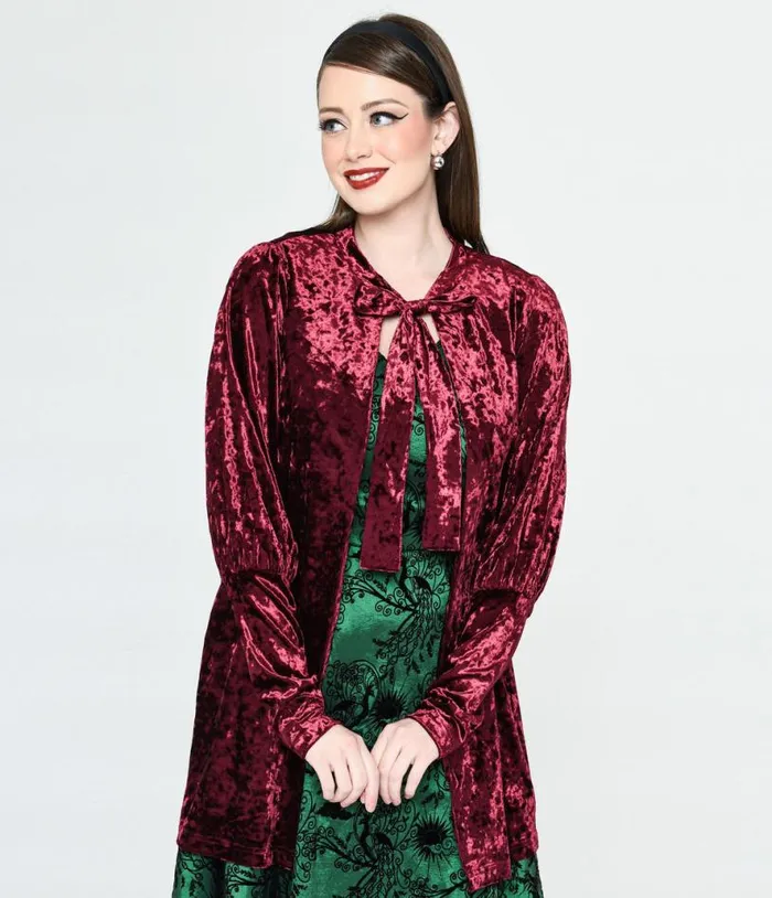 Burgundy Crushed Velvet Hellfire Cardigan ClothingHalloween Unique Vintage Sweaters and Cardigans Burgundy Crushed Velvet Hellfire Cardigan ClothingHalloween Unique Vintage Sweaters and Cardigans