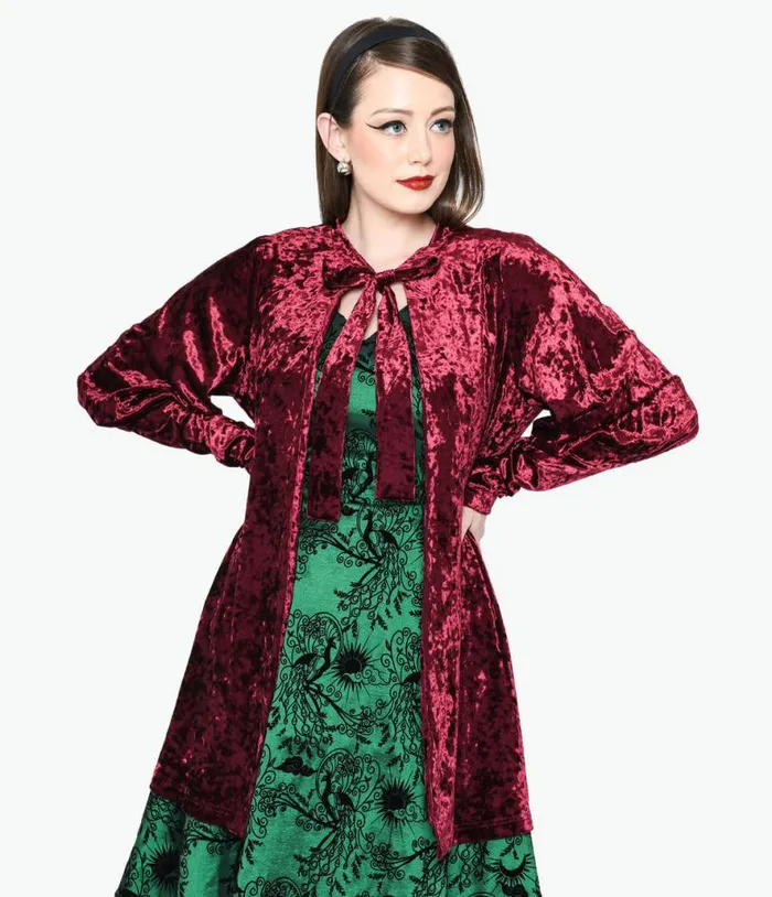 Burgundy Crushed Velvet Hellfire Cardigan ClothingHalloween Unique Vintage Sweaters and Cardigans