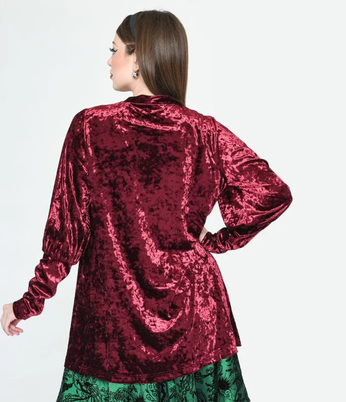 Burgundy Crushed Velvet Hellfire Cardigan ClothingHalloween Unique Vintage Sweaters and Cardigans