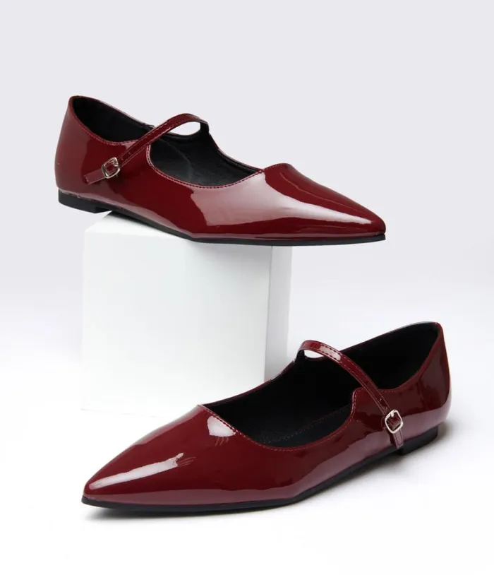 Burgundy Mary Jane Pointed Toe Flats Shoes Unique Vintage Flats