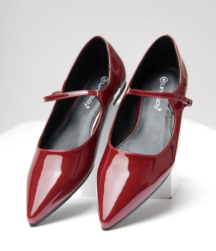 Burgundy Mary Jane Pointed Toe Flats Shoes Unique Vintage Flats