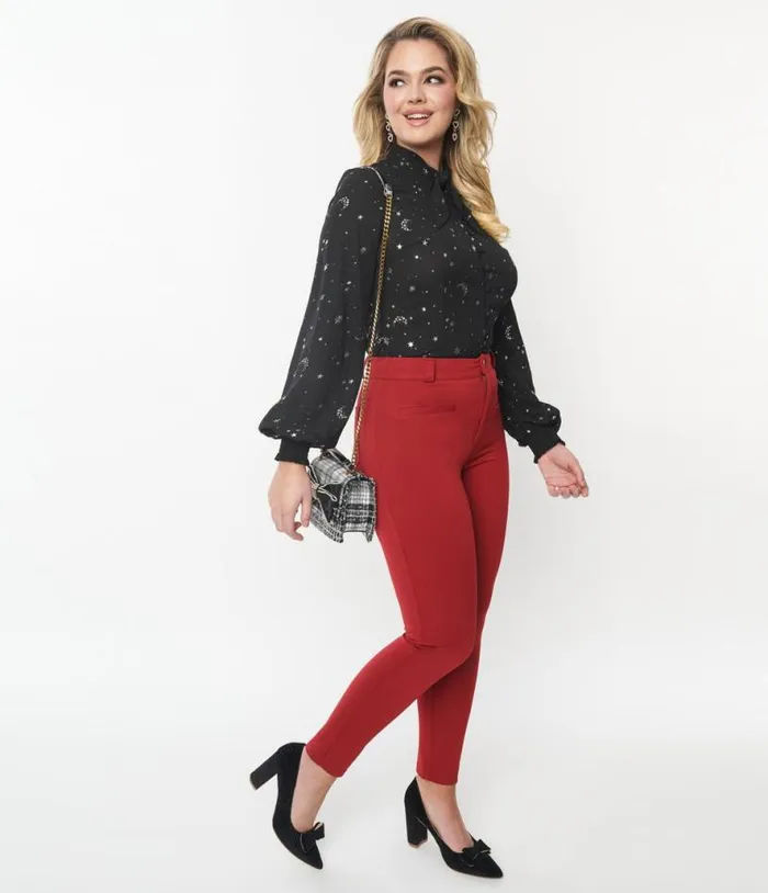 Burgundy Stretch Cigarette Pants ClothingPlus Unique Vintage Pants