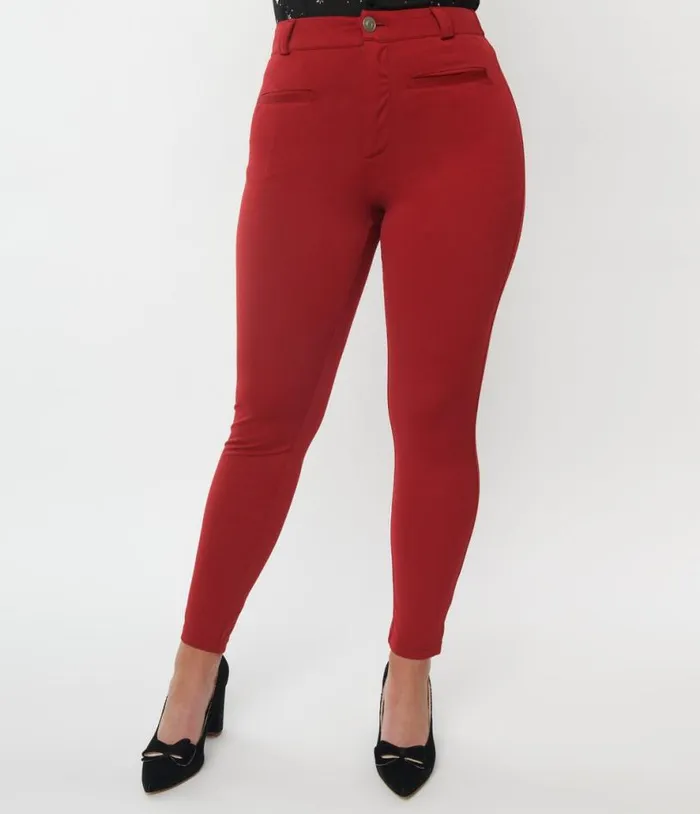 Burgundy Stretch Cigarette Pants ClothingPlus Unique Vintage Pants