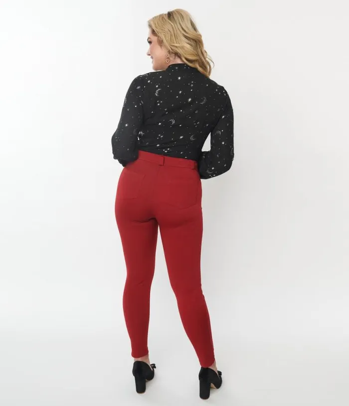 Burgundy Stretch Cigarette Pants ClothingPlus Unique Vintage Pants