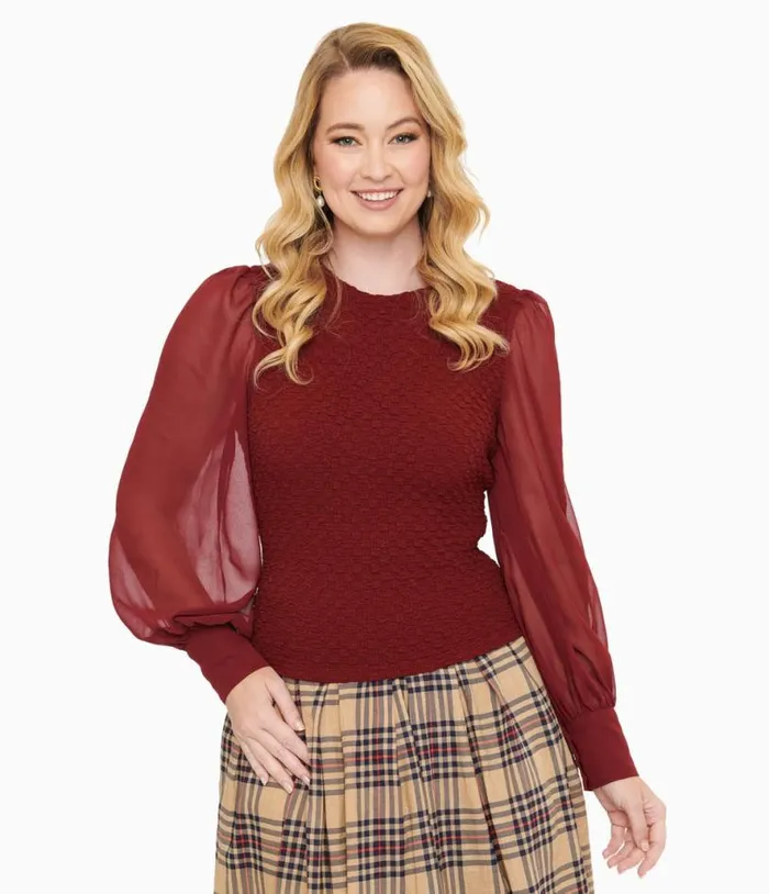 Burgundy Textured Embrace The Journey Woven Blouse Clothing Unique Vintage Blouses