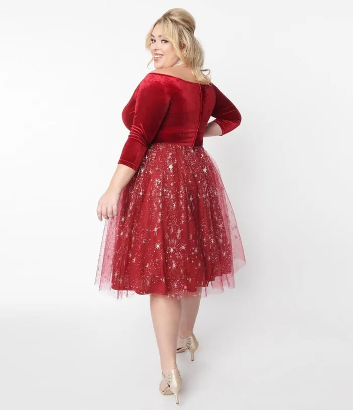 Burgundy Velvet and Tulle Silver Stars Marceline Swing Dress DressesPlus Unique Vintage Pocket Dresses