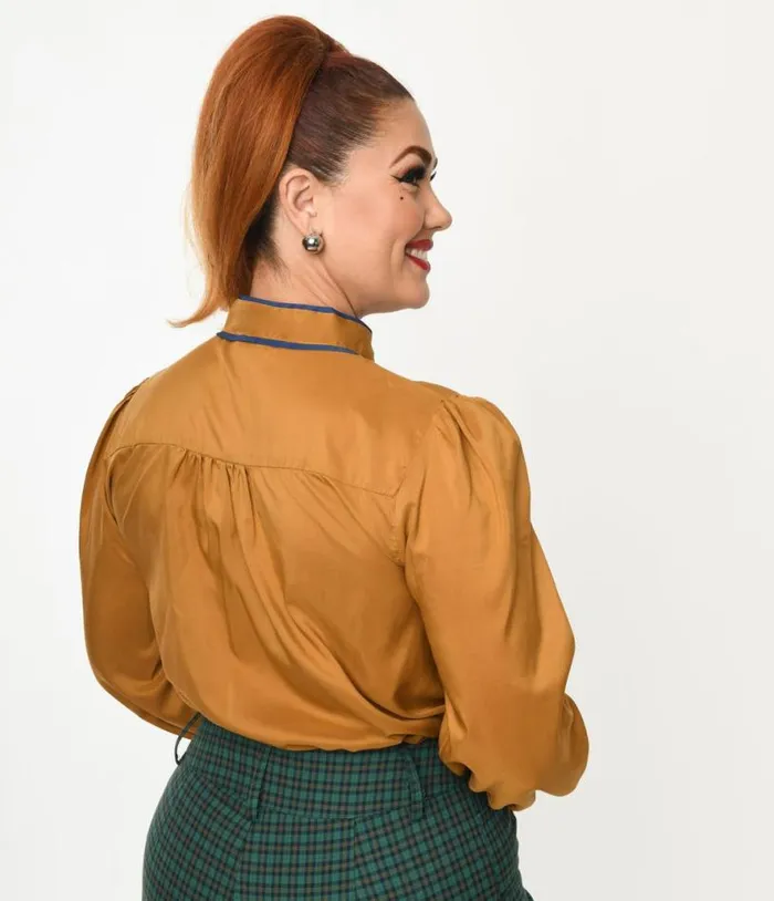 Caramel Satin Bow Top Clothing Unique Vintage Blouses