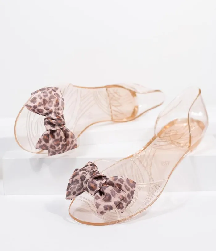 Champagne Jelly and Leopard Bow Peep Toe Selena Flats Shoes Unique Vintage Flats