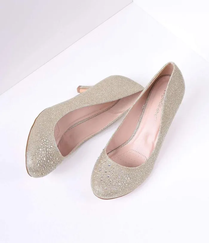 Champagne Metallic Rhinestone Doris Kitten Heels Shoes Unique Vintage Heels Champagne Metallic Rhinestone Doris Kitten Heels Shoes Unique Vintage Heels