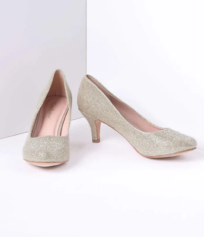 Champagne Metallic Rhinestone Doris Kitten Heels Shoes Unique Vintage Heels