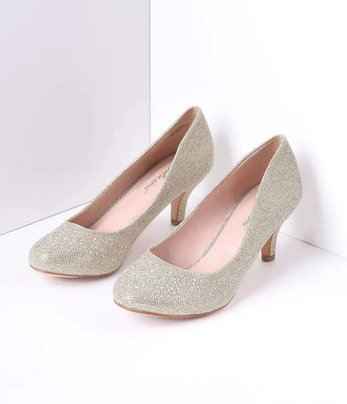 Champagne Metallic Rhinestone Doris Kitten Heels Shoes Unique Vintage Heels