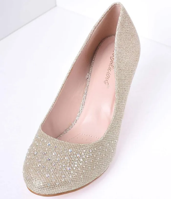 Champagne Metallic Rhinestone Doris Kitten Heels Shoes Unique Vintage Heels