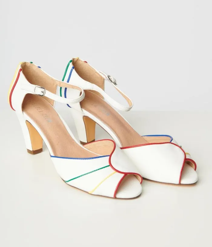Chelsea Crew White and Rainbow Piping Larisa Heels Shoes Unique Vintage Heels