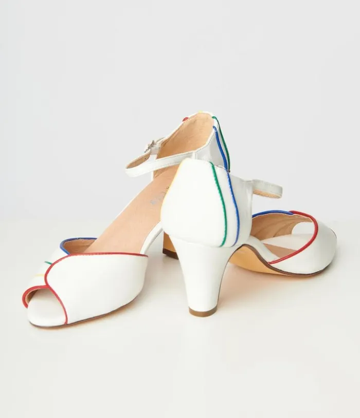 Chelsea Crew White and Rainbow Piping Larisa Heels Shoes Unique Vintage Heels
