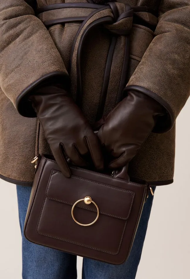 Claudie Pierlot Brown Leather Gloves Gold CP Accessories Scarves Hats And Gloves