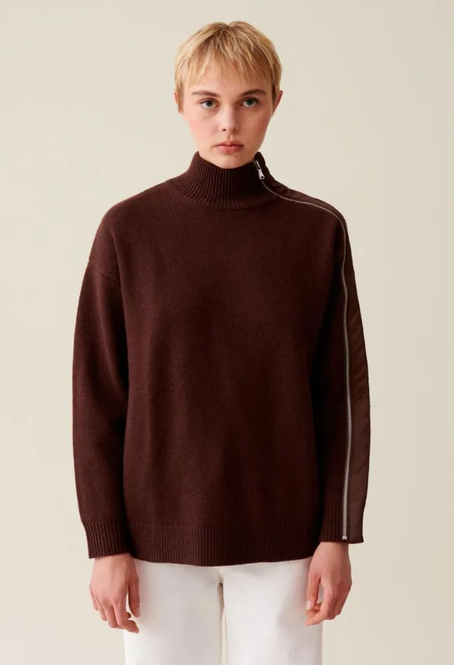 Claudie Pierlot Brown Zipup High Neck Jumper Clothes Knitwear And Cardigans