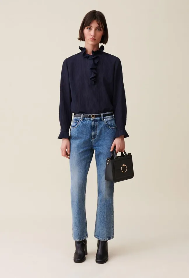 Claudie Pierlot Dark Blue Striped Ruffled Blouse Clothes Tops And Shirts