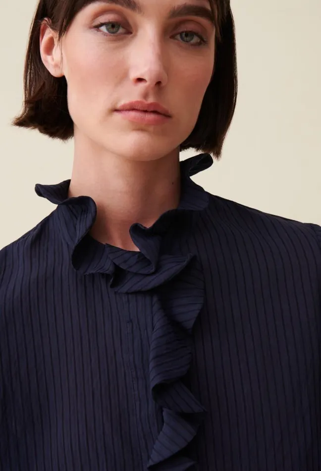 Claudie Pierlot Dark Blue Striped Ruffled Blouse Clothes Tops And Shirts