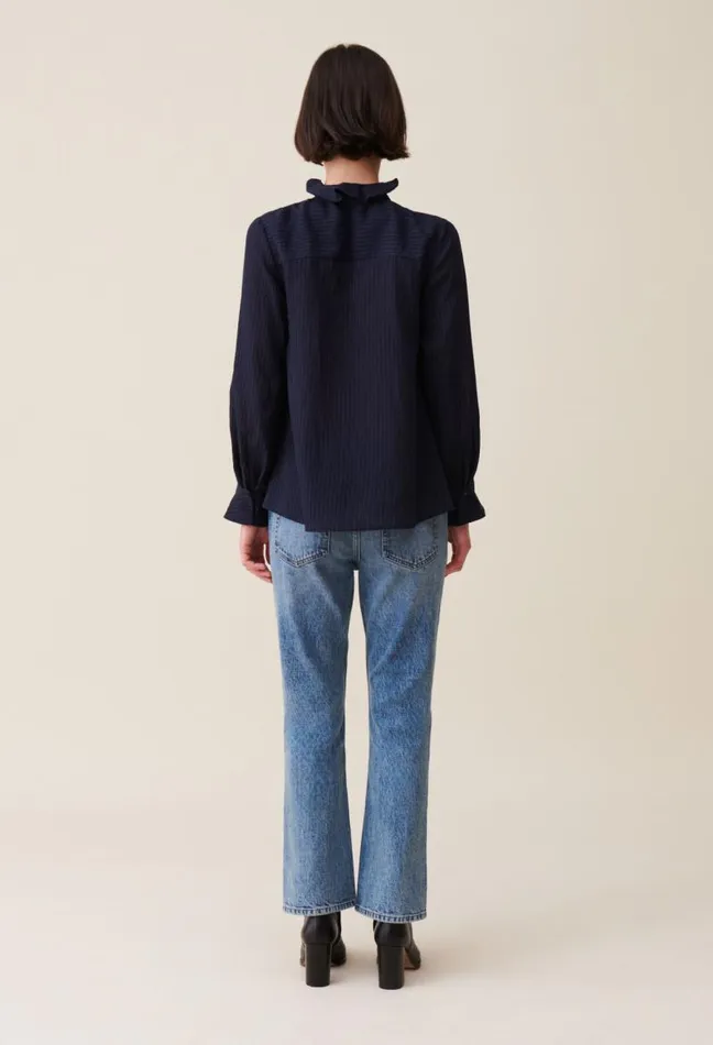 Claudie Pierlot Dark Blue Striped Ruffled Blouse Clothes Tops And Shirts