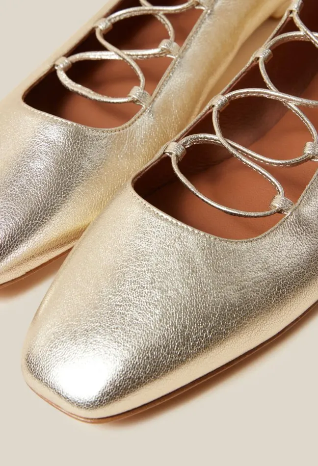Claudie Pierlot Gold Leather Ballet Pumps Shoes Ballerinas