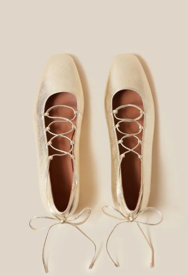 Claudie Pierlot Gold Leather Ballet Pumps Shoes Ballerinas