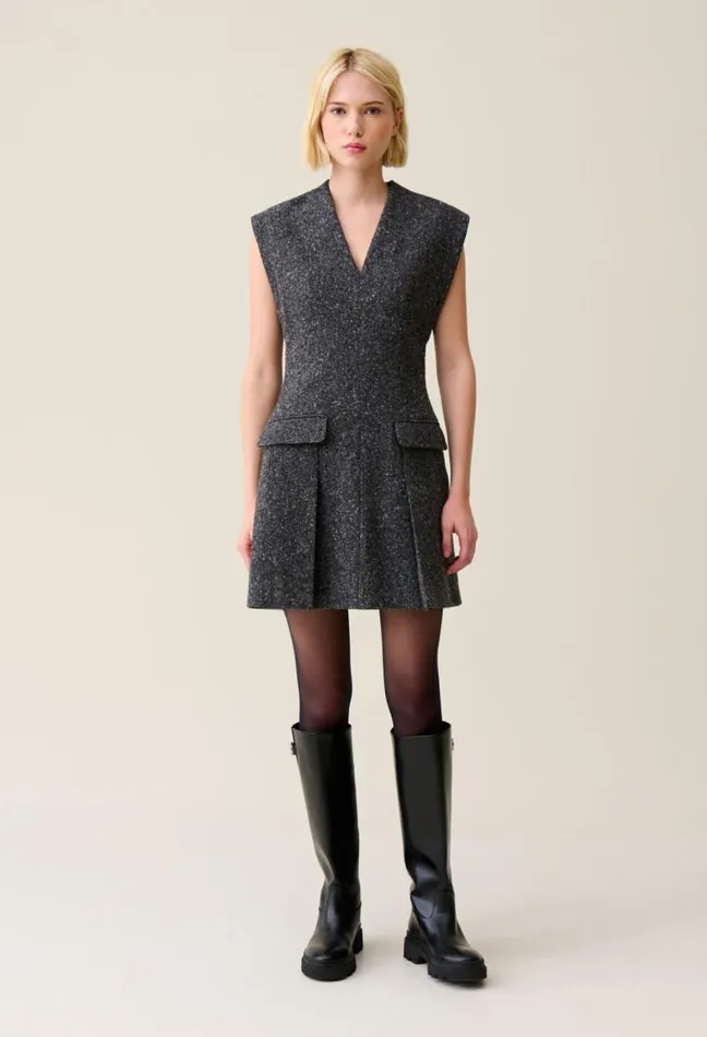 Claudie Pierlot Grey Fitted Tweed Suit Dress Clothes Dresses