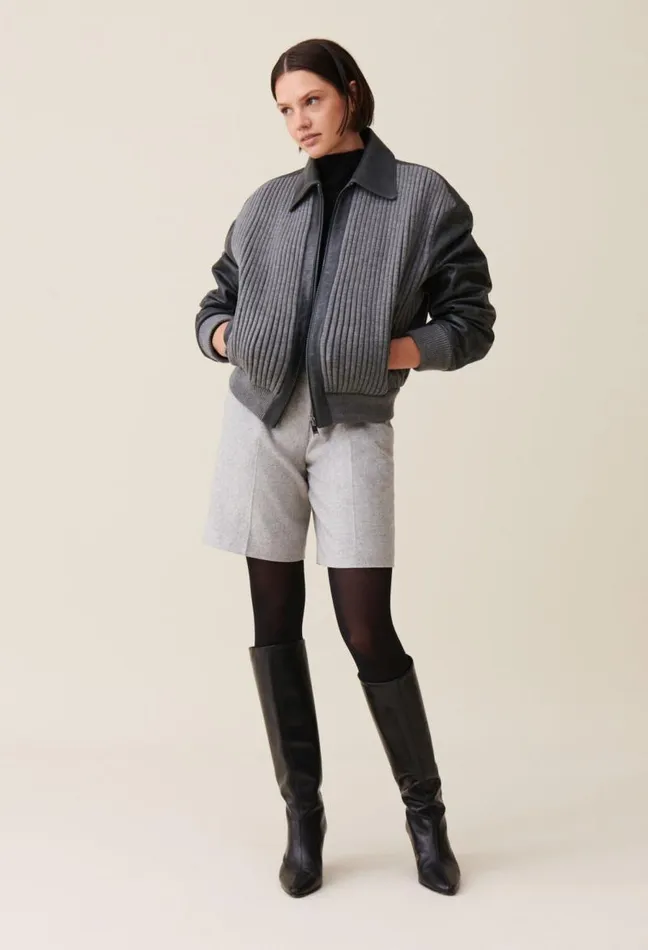 Claudie Pierlot Grey Mixedmaterial Leather Bomber Clothes Jackets