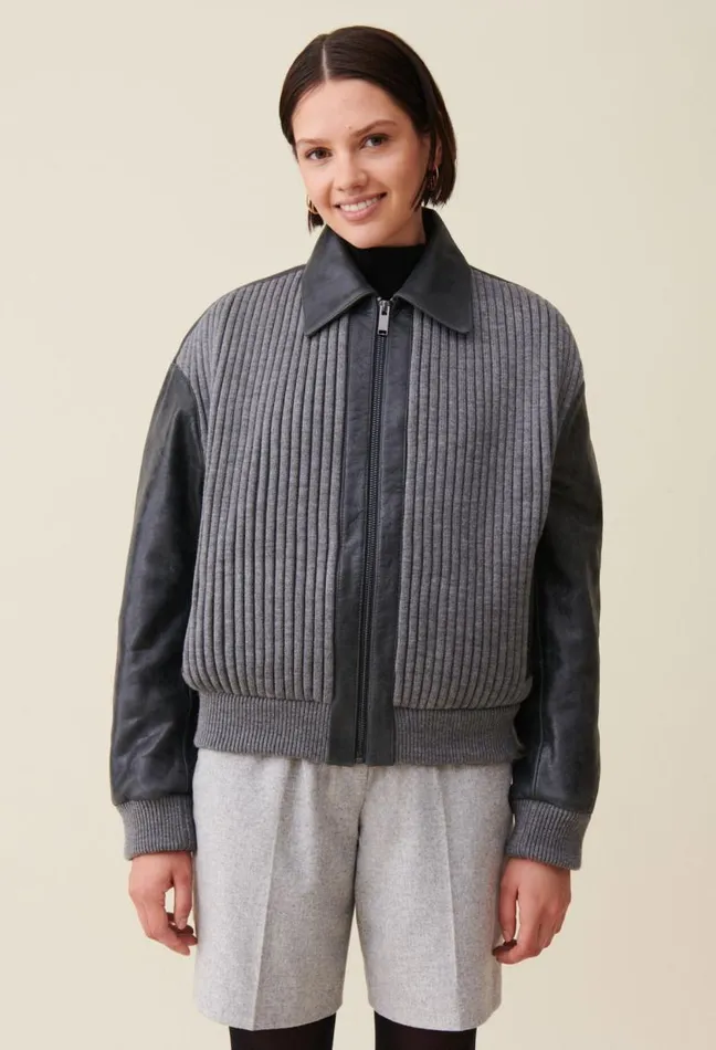 Claudie Pierlot Grey Mixedmaterial Leather Bomber Clothes Jackets