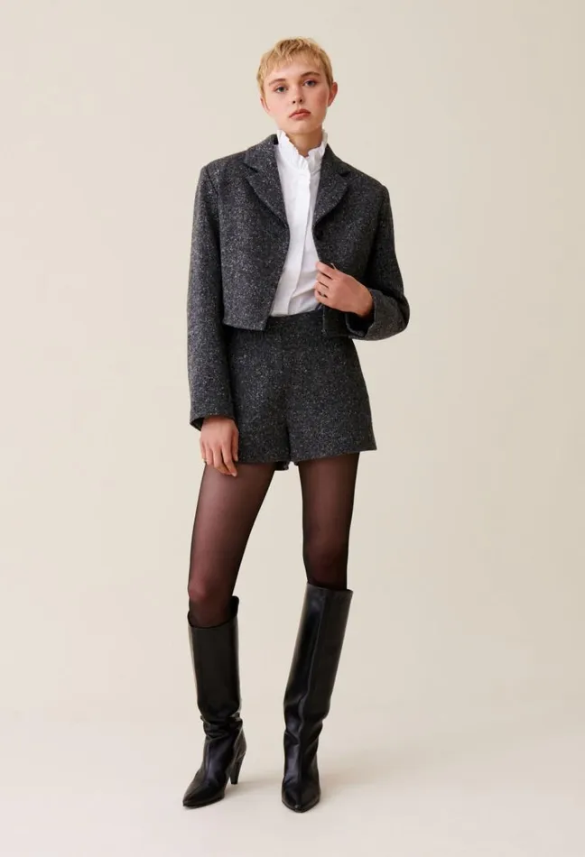 Claudie Pierlot Grey Tweed Mixed Wool Blazer Clothes Jackets