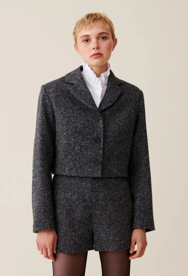 Claudie Pierlot Grey Tweed Mixed Wool Blazer Clothes Jackets