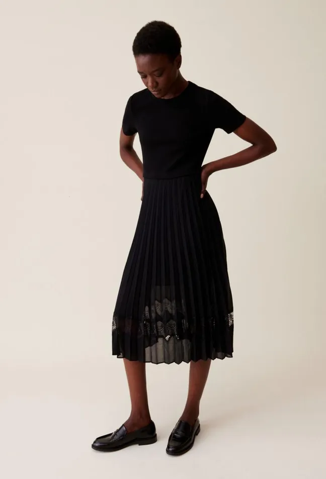 Claudie Pierlot Twist Black Bimaterial Midi Dress Clothes Dresses