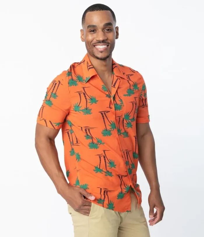 Collectif 1940s Orange and Palm Beach Print Oscar Mens Shirt Clothing Unique Vintage Blouses Collectif 1940s Orange and Palm Beach Print Oscar Mens Shirt Clothing Unique Vintage Blouses