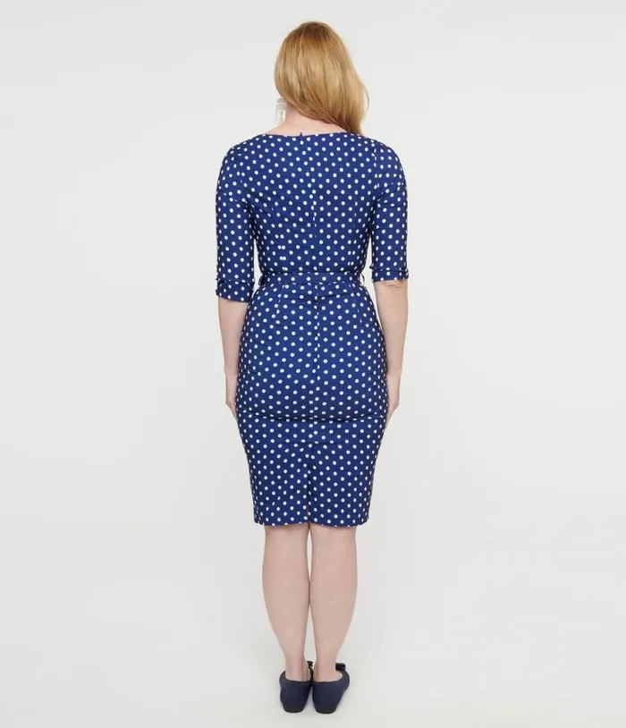 Collectif 1950s Blue and White Polka Dot Patty Wiggle Dress Dresses Unique Vintage Pocket Dresses