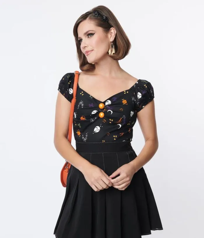 Collectif Black All Hallows Eve Dolores Top Halloween Unique Vintage Tops