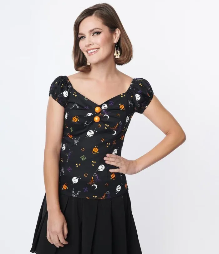 Collectif Black All Hallows Eve Dolores Top Halloween Unique Vintage Tops