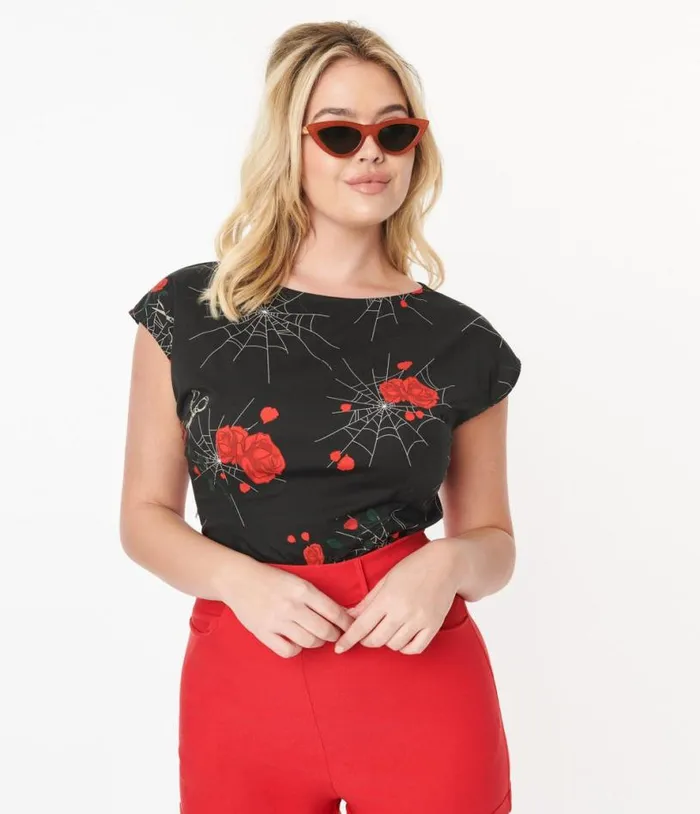 Collectif Black Spinners Web and Roses Blouse Halloween Unique Vintage Tops