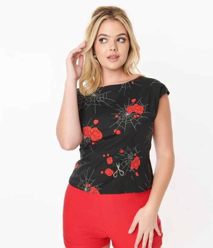 Collectif Black Spinners Web and Roses Blouse Halloween Unique Vintage Tops