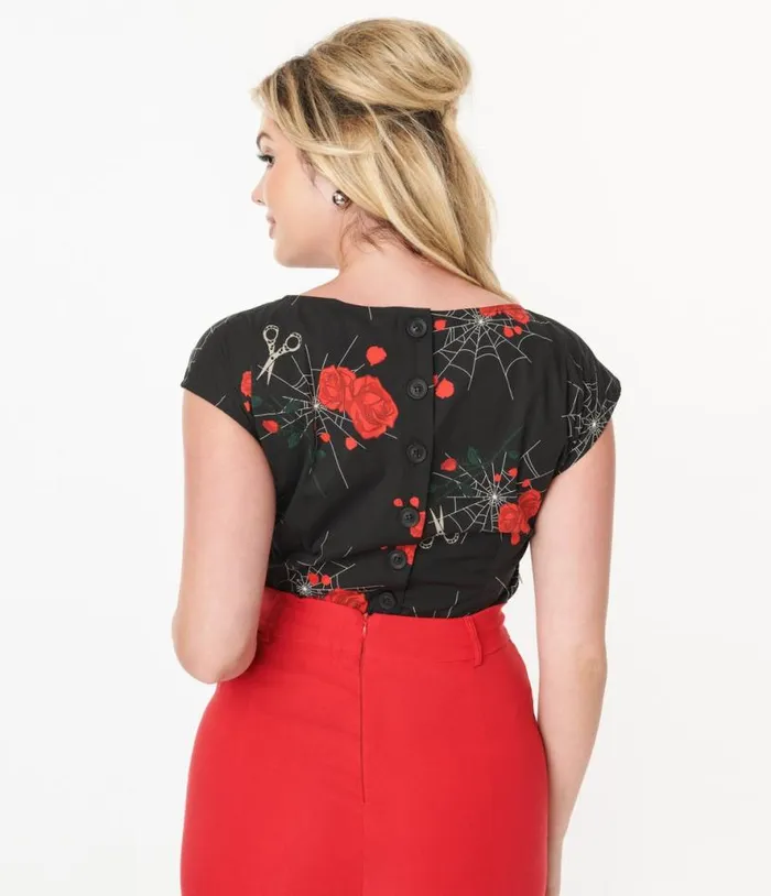 Collectif Black Spinners Web and Roses Blouse Halloween Unique Vintage Tops