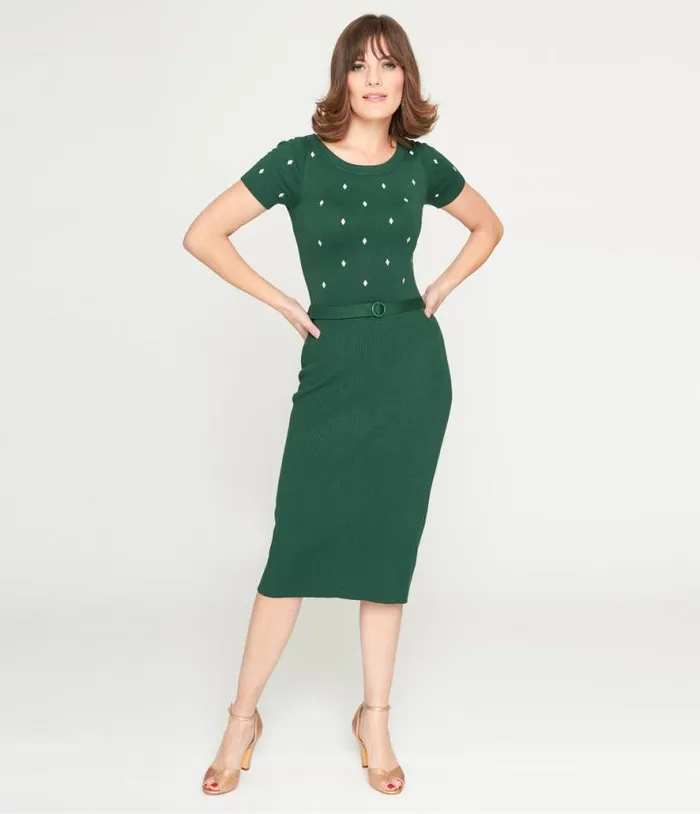 Collectif Green Knit Wiggle Dress Dresses Unique Vintage Midi
