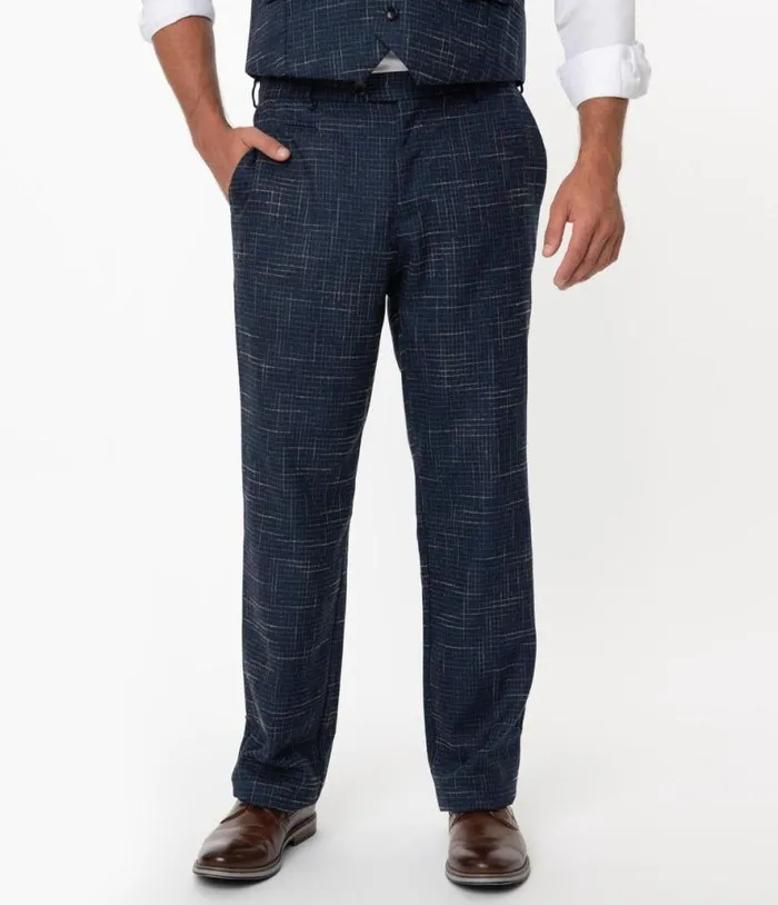 Collectif Navy Blue Crosshatch Bobbie Trousers Clothing Unique Vintage Pants
