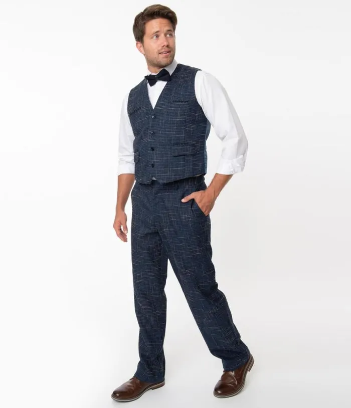 Collectif Navy Blue Crosshatch Bobbie Trousers Clothing Unique Vintage Pants