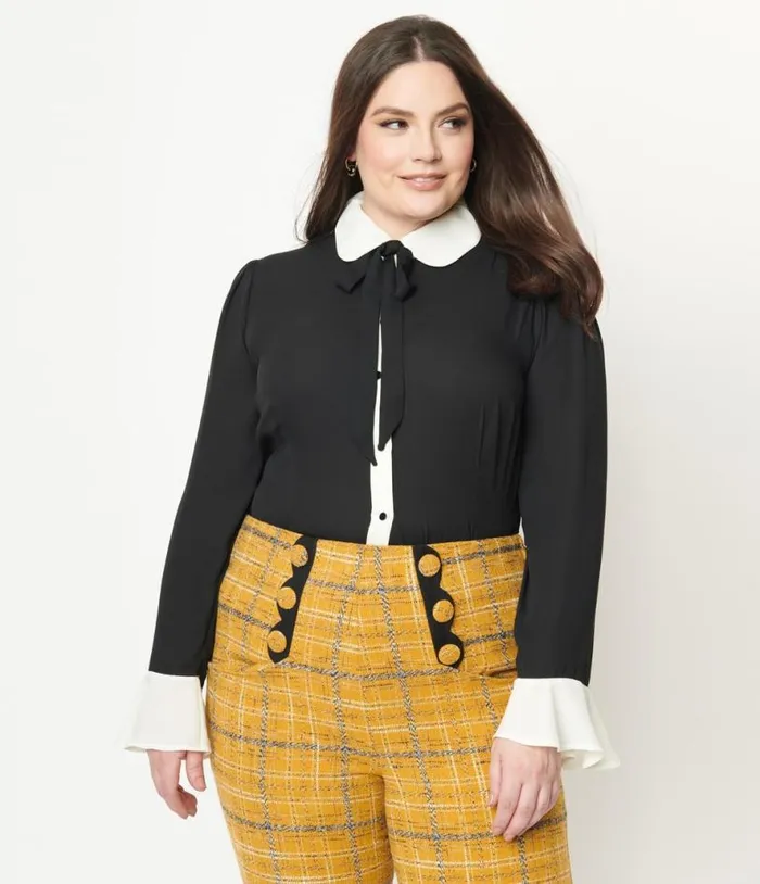 Collectif Plus Size Black and White Collar Prudence Blouse Halloween Unique Vintage Tops Collectif Plus Size Black and White Collar Prudence Blouse Halloween Unique Vintage Tops