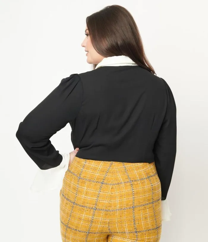 Collectif Plus Size Black and White Collar Prudence Blouse Halloween Unique Vintage Tops
