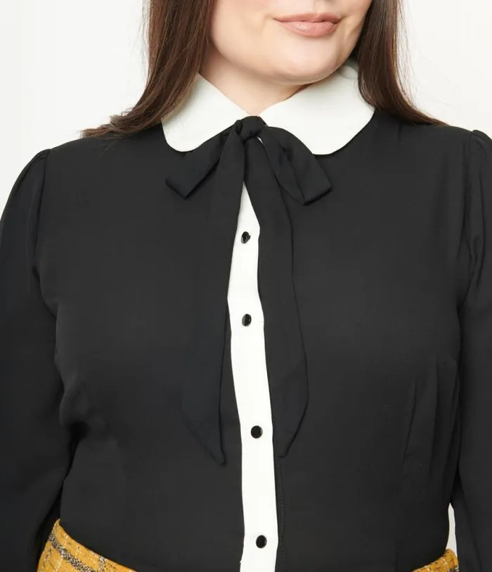 Collectif Plus Size Black and White Collar Prudence Blouse Halloween Unique Vintage Tops