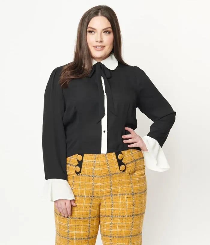 Collectif Plus Size Black and White Collar Prudence Blouse Halloween Unique Vintage Tops