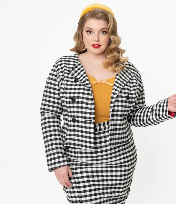 Collectif Plus Size Black and White Gingham Lorinna Jacket ClothingPlus Unique Vintage Jackets