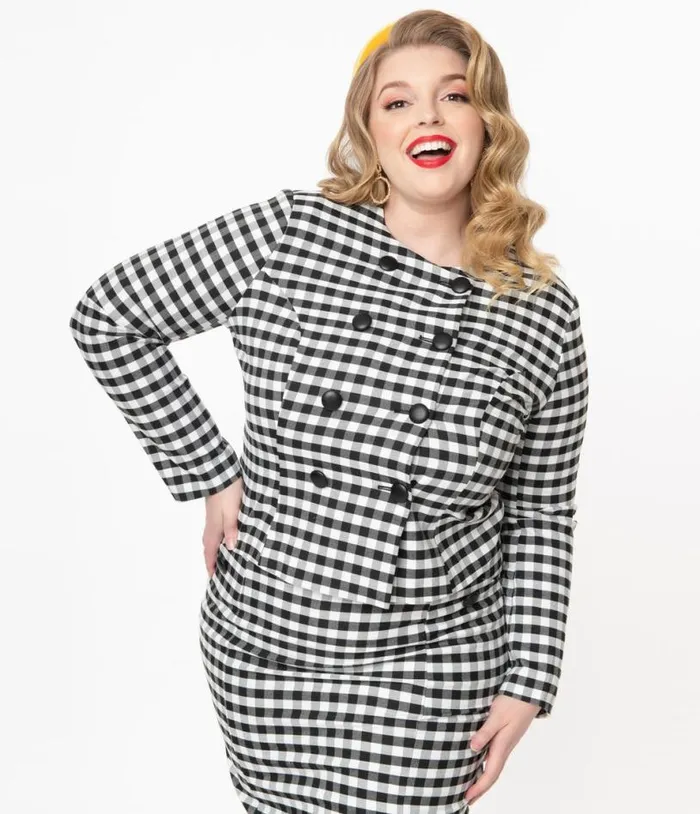 Collectif Plus Size Black and White Gingham Lorinna Jacket ClothingPlus Unique Vintage Jackets