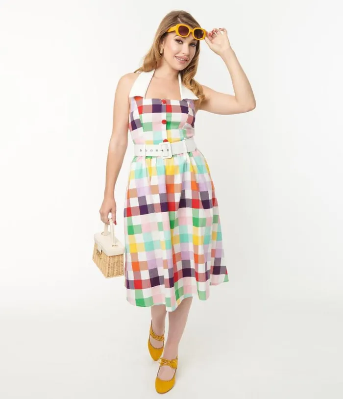 Collectif Rainbow Checkered Halter Waverly Swing Dress Dresses Unique Vintage Pocket Dresses
