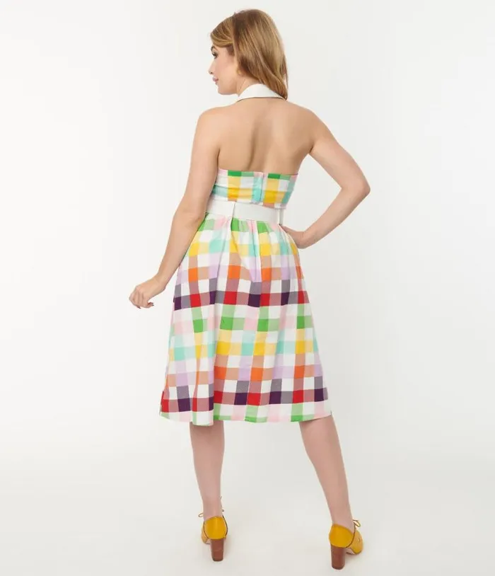 Collectif Rainbow Checkered Halter Waverly Swing Dress Dresses Unique Vintage Pocket Dresses